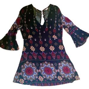 Hippy Mod Mini Dress Paisley Junior L Flare 3/4 Sleeve Slit Back Side Zip Short